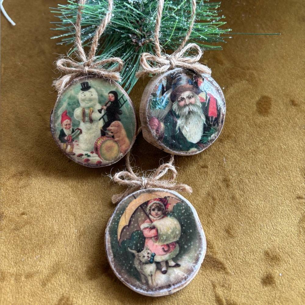 Vintage Style Rustic Wooden Ornaments • Santa • Snowman Kitten Cottage Core